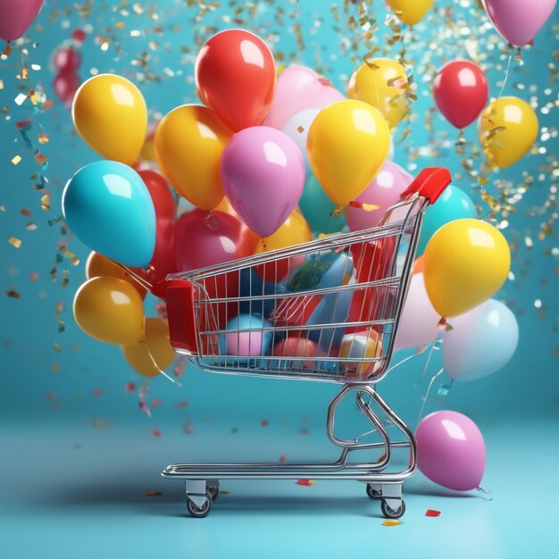 A shopping bag and a shopping cart with balloons and confetti in colored background