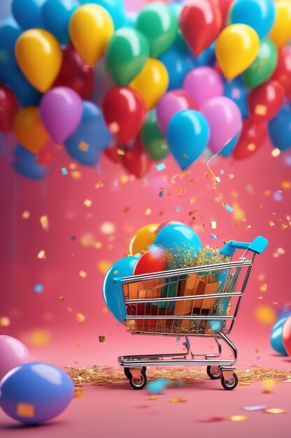 Photo a shopping bag and a shopping cart with balloons and confetti in colored background