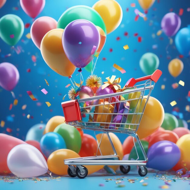 A shopping bag and a shopping cart with balloons and confetti in colored background