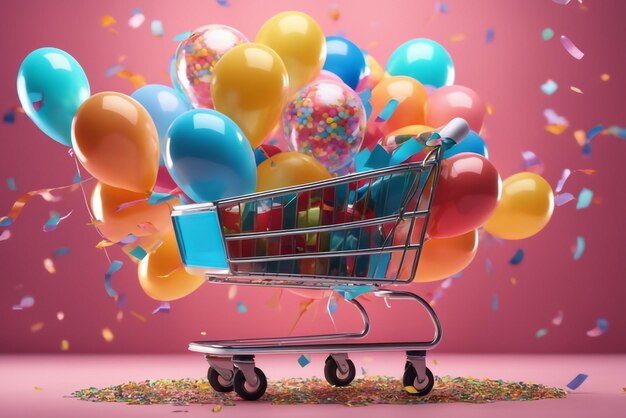 A shopping bag and a shopping cart with balloons and confetti in colored background