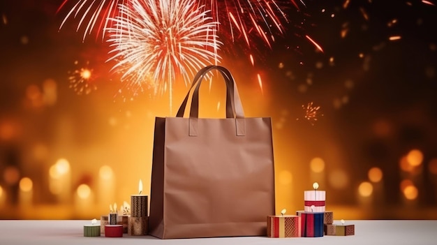 写真 ディワリ祭の花火とライトが入ったショッピングバッグ