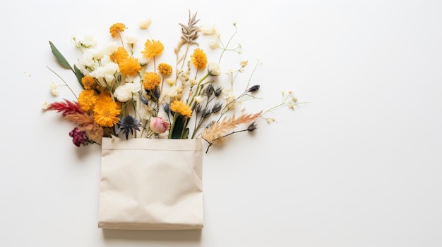 Photo shopping bag with flying dried flowers and leaves