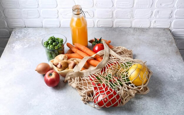 Photo shopping bag with food on a white table top view flat lay