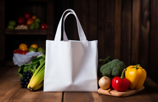 Shopping bag with fresh vegetables on wooden table in a cafe