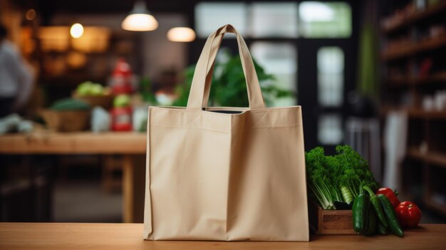 Shopping bag with groceries on wooden table in front of blurry grocery shop