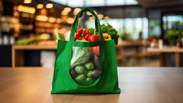 Shopping bag with groceries on wooden table in front of blurry grocery shop