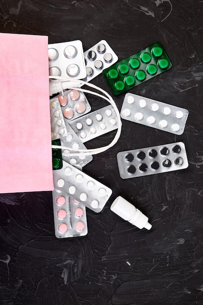 Shopping bag with medicine pills and blister