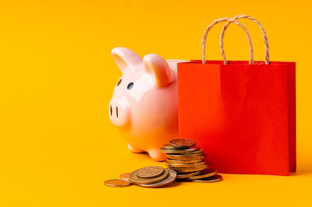 Photo shopping bag with stack of coins and piggy bank