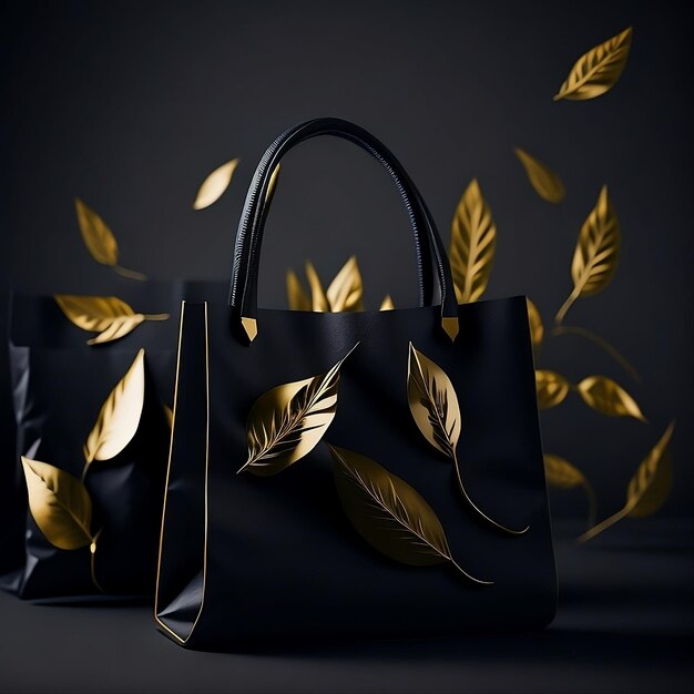 Фото Торбы для покупок и золотые листья с черным фоном