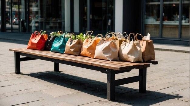 Торбы для покупок на скамейке в городской обстановке