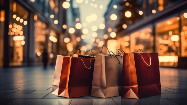 Shopping bags on a city street at night