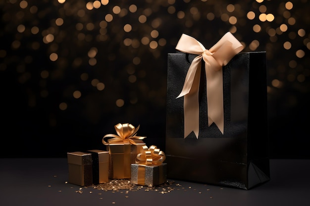 shopping bags and a gift box on a black copy space background