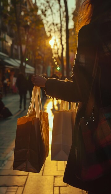 写真 ショッピングバッグは女性の手で販売 ショピング観光と幸せな人々のコンセプト