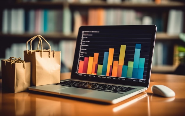 Shopping bags incart and credit card on laptop with paper boxes on table