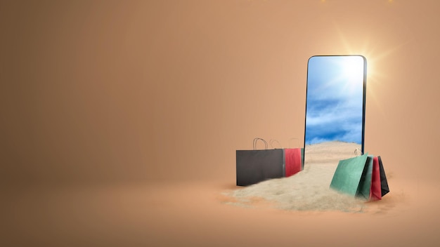 Хозяйственные сумки и экран мобильного телефона с видом на песчаную дюну