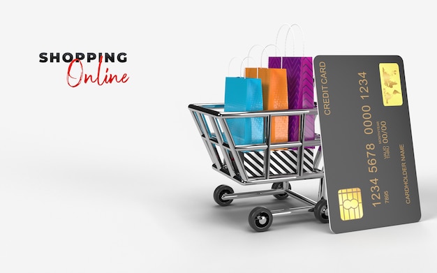 Shopping bags, Shopping cart, and the credit card is an online shop store internet digital market for check out by the consumer. Concept of e-commerce and digital marketing business. 3d rendering