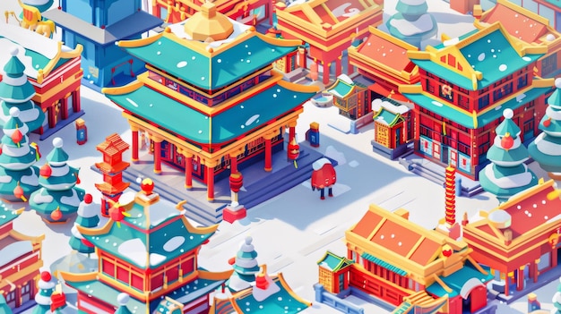 古代中国の建築と現代の店舗とギフトボックスと混じったイラストのアイソメトリックショッピングストリートを描いたショッピングバナー テキストは中国新年ショッピングの盛り上がり