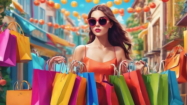 쇼핑 배너 여름 판매 패션 홍보 휴가 할인 다채로운 만화 구매 가방