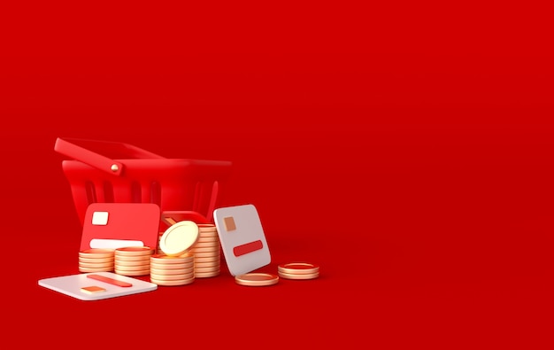 Shopping basket credit cards and golden coins