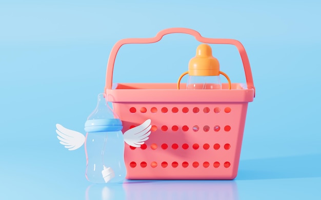 Photo shopping basket and feeder bottle 3d rendering