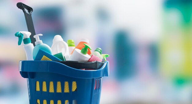 Shopping basket full of cleaning products