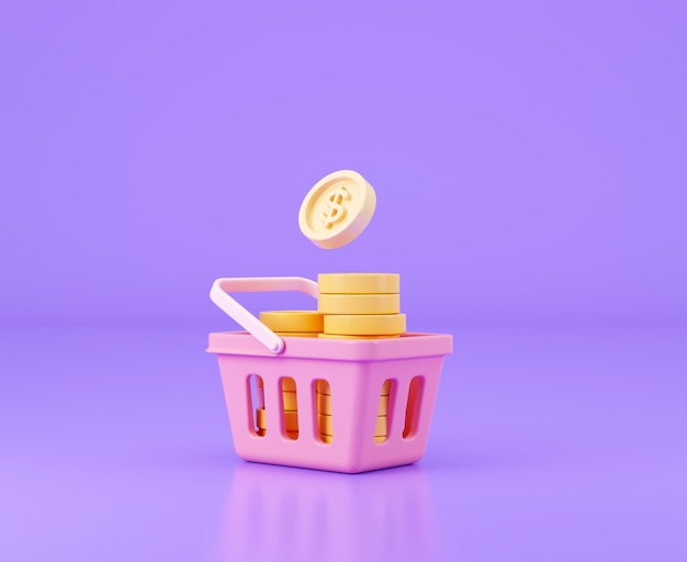 Shopping basket full of dollar coins 3d rendered illustration