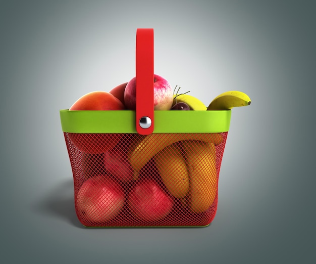Корзина для покупок, полная свежих фруктов, 3d иллюстрация на сером градиенте