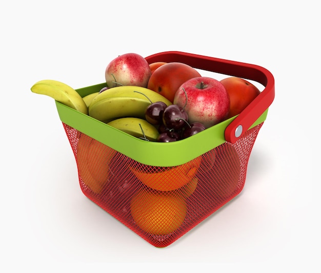 shopping basket full of fresh fruit 3d render isolated on white background