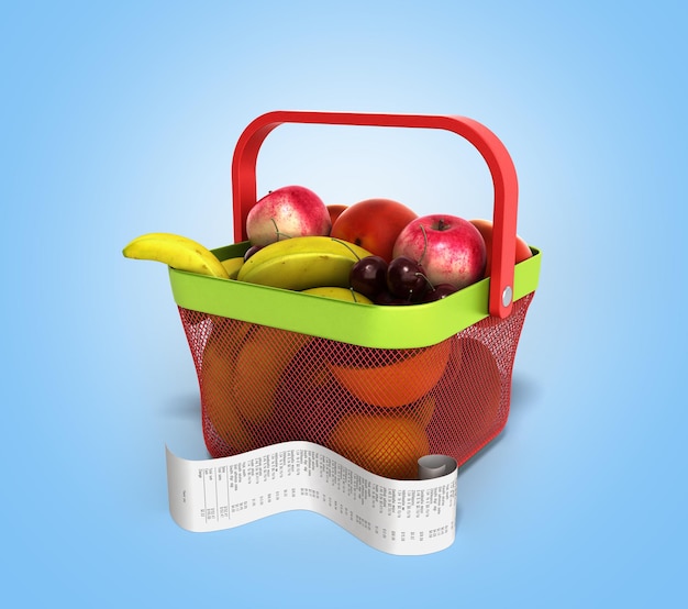 shopping basket full of fresh fruit with a check 3d illustration on blue gradient