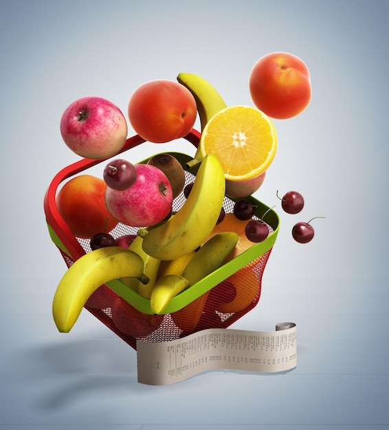 shopping basket full of fresh fruit with a check 3d render on gray