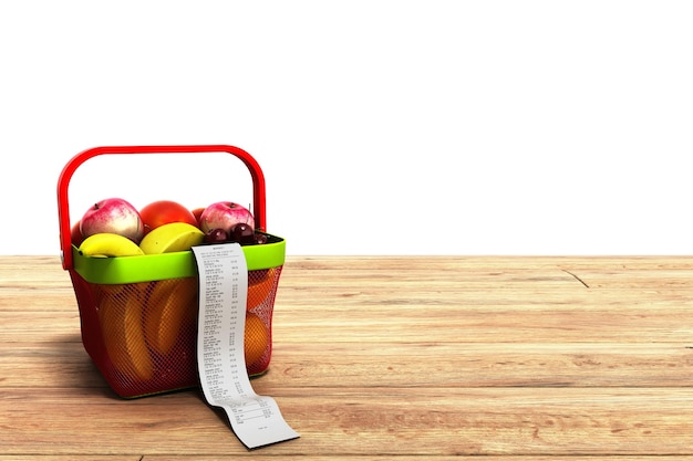 корзина для покупок, полная свежих фруктов с проверкой 3D на деревянном фоне