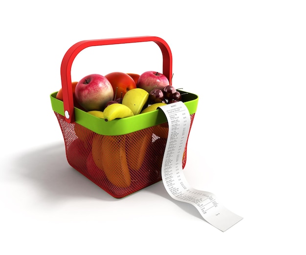 shopping basket full of fresh fruit with a check 3d render