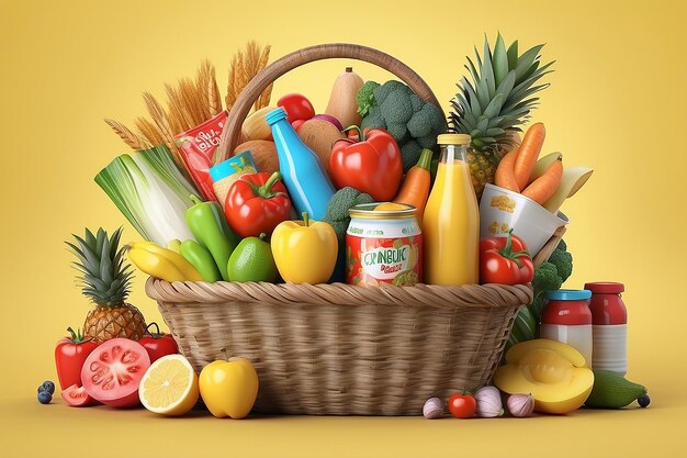 Shopping basket full of variety of grocery products food and drink on yellow background