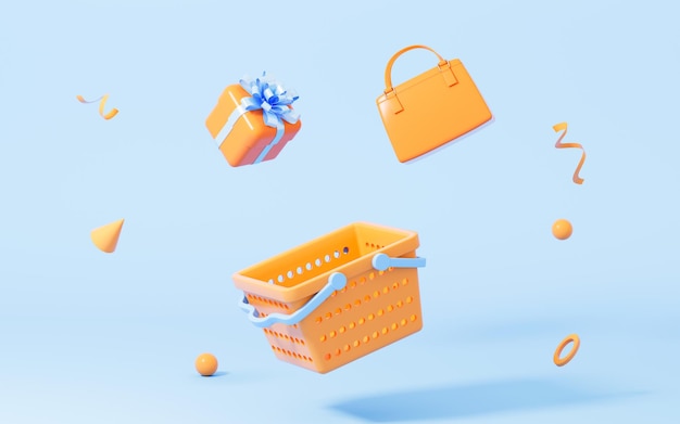 ショッピング バスケットと青い背景の 3 d レンダリングとギフト