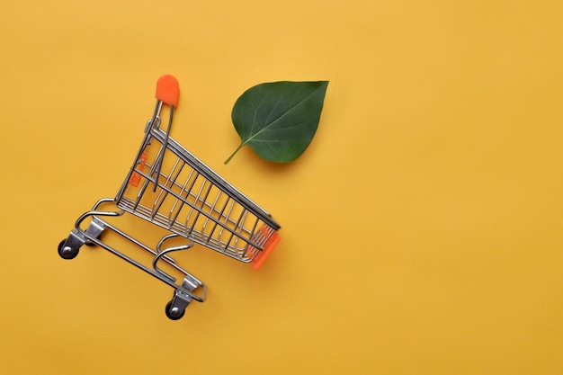 Shopping basket and green leaf The symbol of the purchase of environmentally friendly products