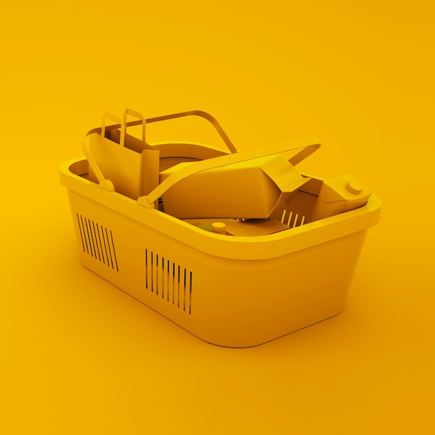 Foto cestino della spesa isolato sull'illustrazione gialla della drogheria 3d.
