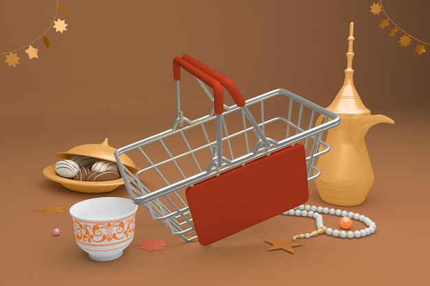 Shopping Basket Perspective Side In Eid Themed Background