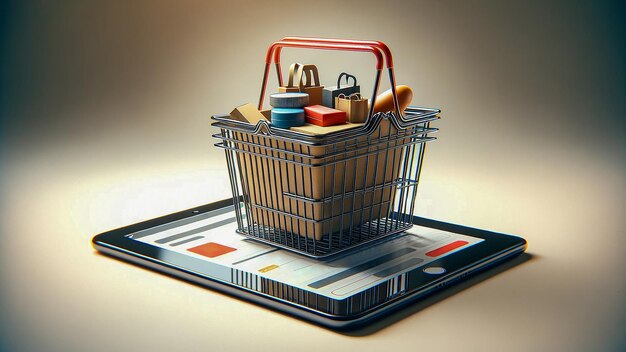 shopping basket placed on top of a tablet