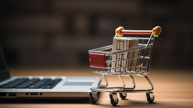 Shopping basket and small boxes also laptop on table for online shopping concept