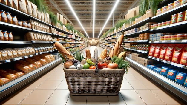 Shopping basket of vegetables placed in the supermarket