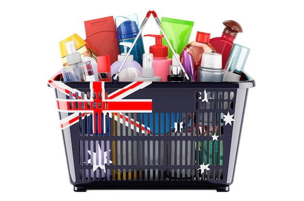 Shopping basket with Australian flag full of cosmetic bottles hair facial skin and body care products 3D rendering