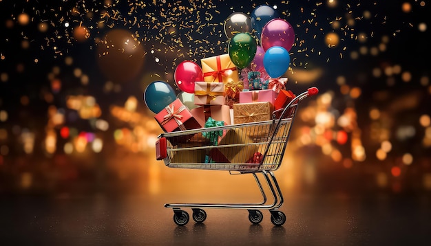 Shopping basket with balloons for Black Friday