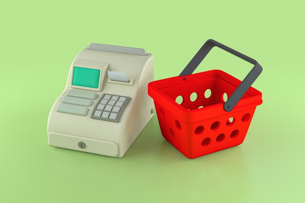 Shopping Basket with Cash Register, 3d Rendering