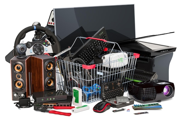 Photo shopping basket with computer device and accessories 3d rendering