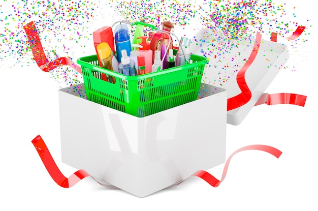 Shopping basket with cosmetic products inside gift box 3D rendering isolated on white background