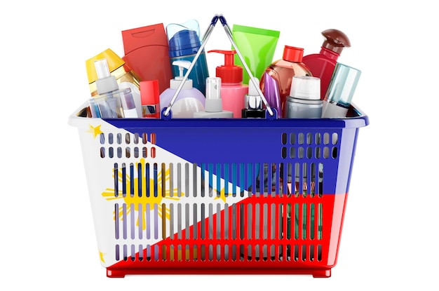 Shopping basket with Filipino flag full of cosmetic bottles hair facial skin and body care products 3D rendering isolated on white background