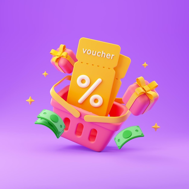 Shopping basket with gifts, coupons and money. Online shopping concept. 3d rendering illustration.