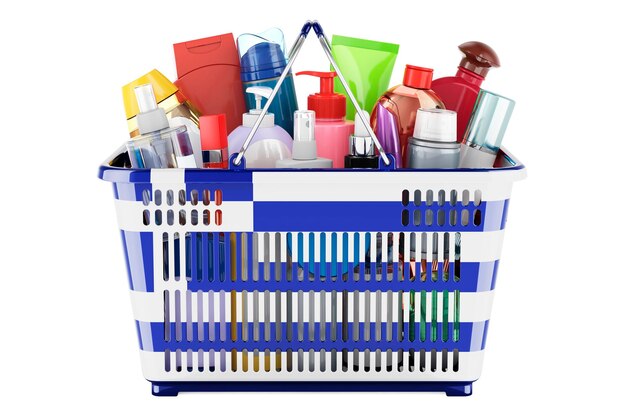 Shopping basket with Greek flag full of cosmetic bottles hair facial skin and body care products 3D rendering isolated on white background