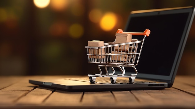 shopping basket with laptop on table online shopping concept with copy space