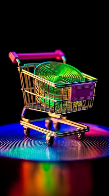 Shopping basket with large coins inside on a black background vertical format